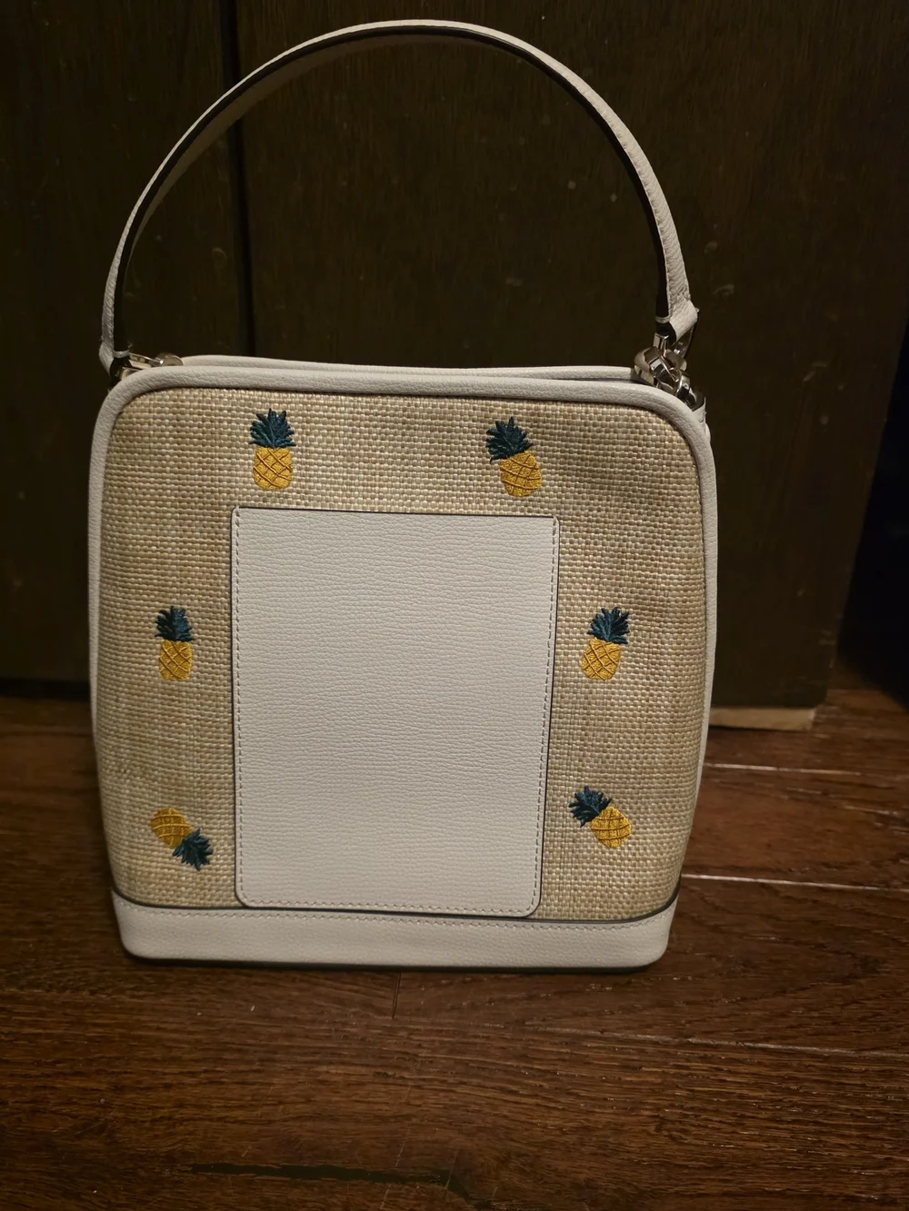 kate spade White Straw Mini Top-Handle Bag with Yellow Pineapple Embroidery